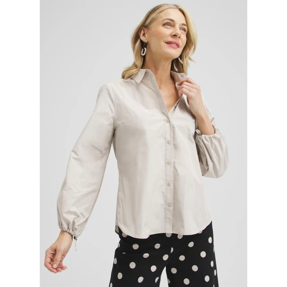 Chico's Bungee Sleeve Poplin Taupe Blouse - Size 10